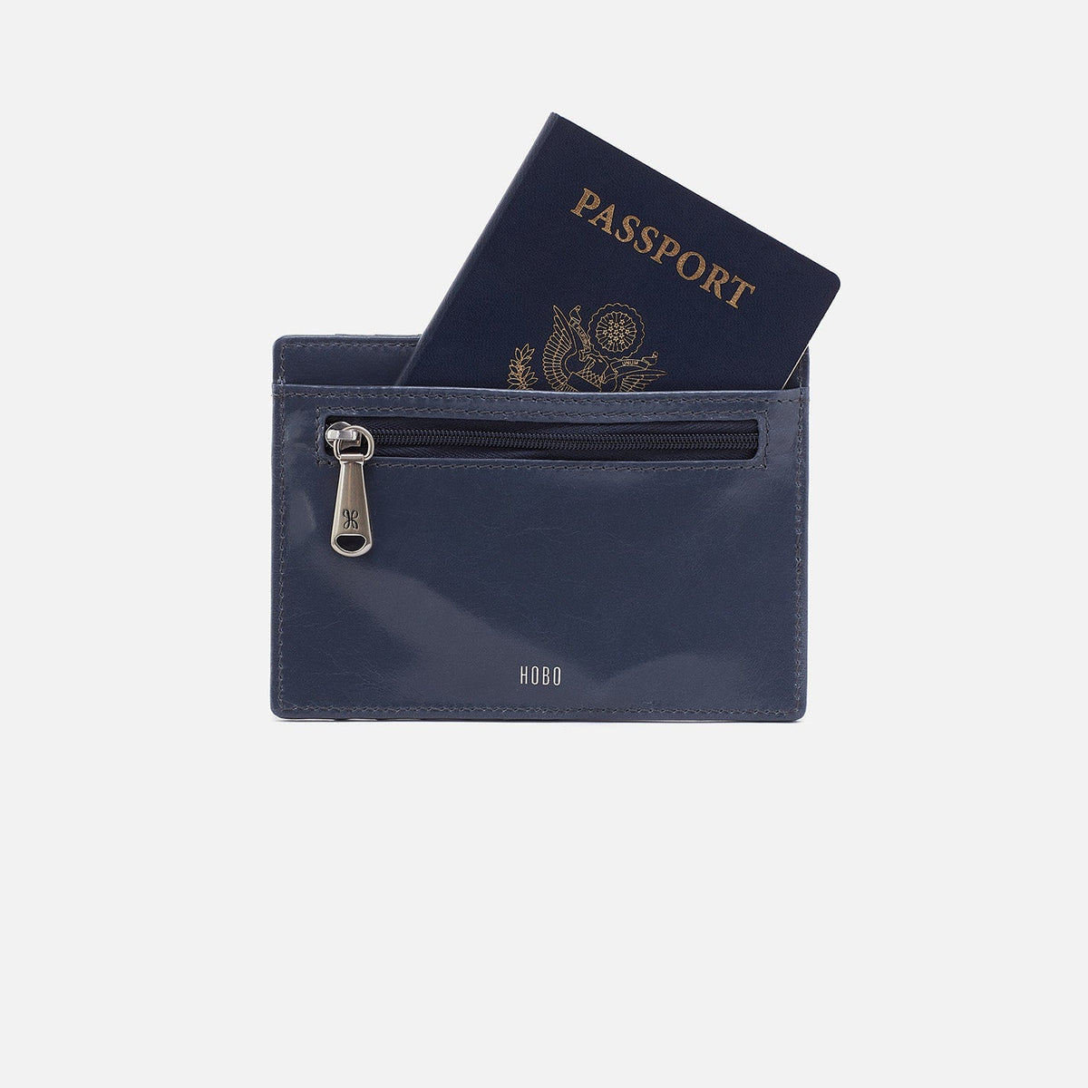 HOBO Euro Slide Card Case In Polished Leather - Blue Stone
