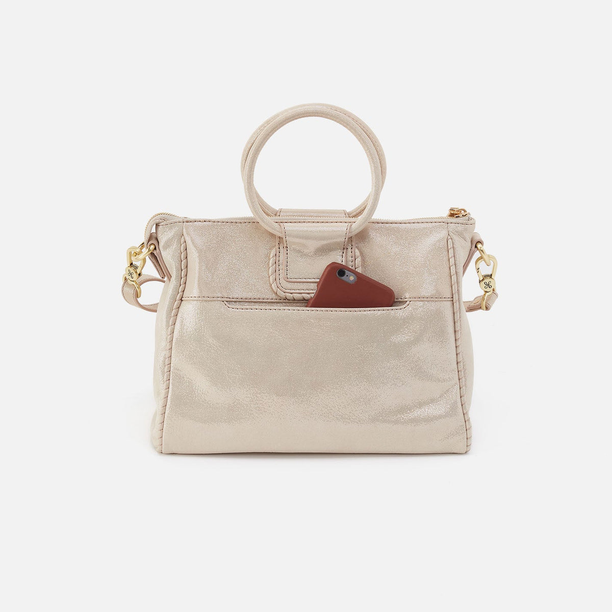 HOBO Sheila Medium Satchel In Metallic Leather - Sand Shimmer