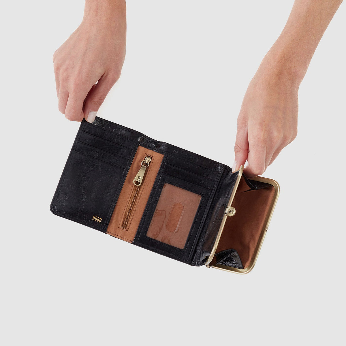 HOBO Robin Compact Wallet In Polished Leather - Black
