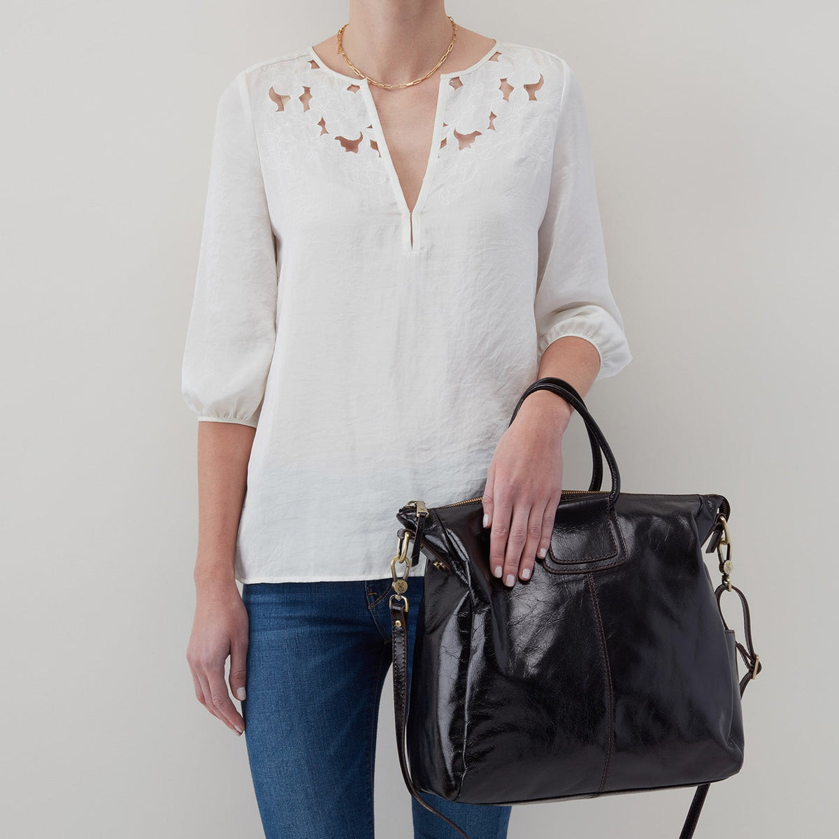 HOBO Sheila Large Satchel In Polished Leather - Black