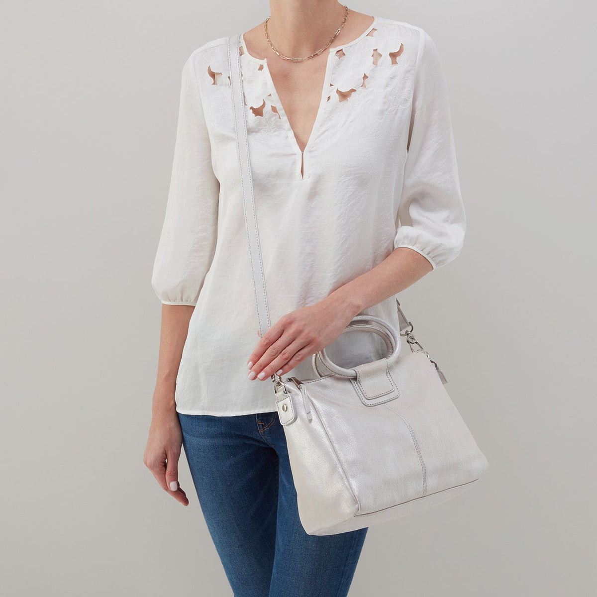 HOBO Sheila Medium Satchel In Metallic Leather - Silver