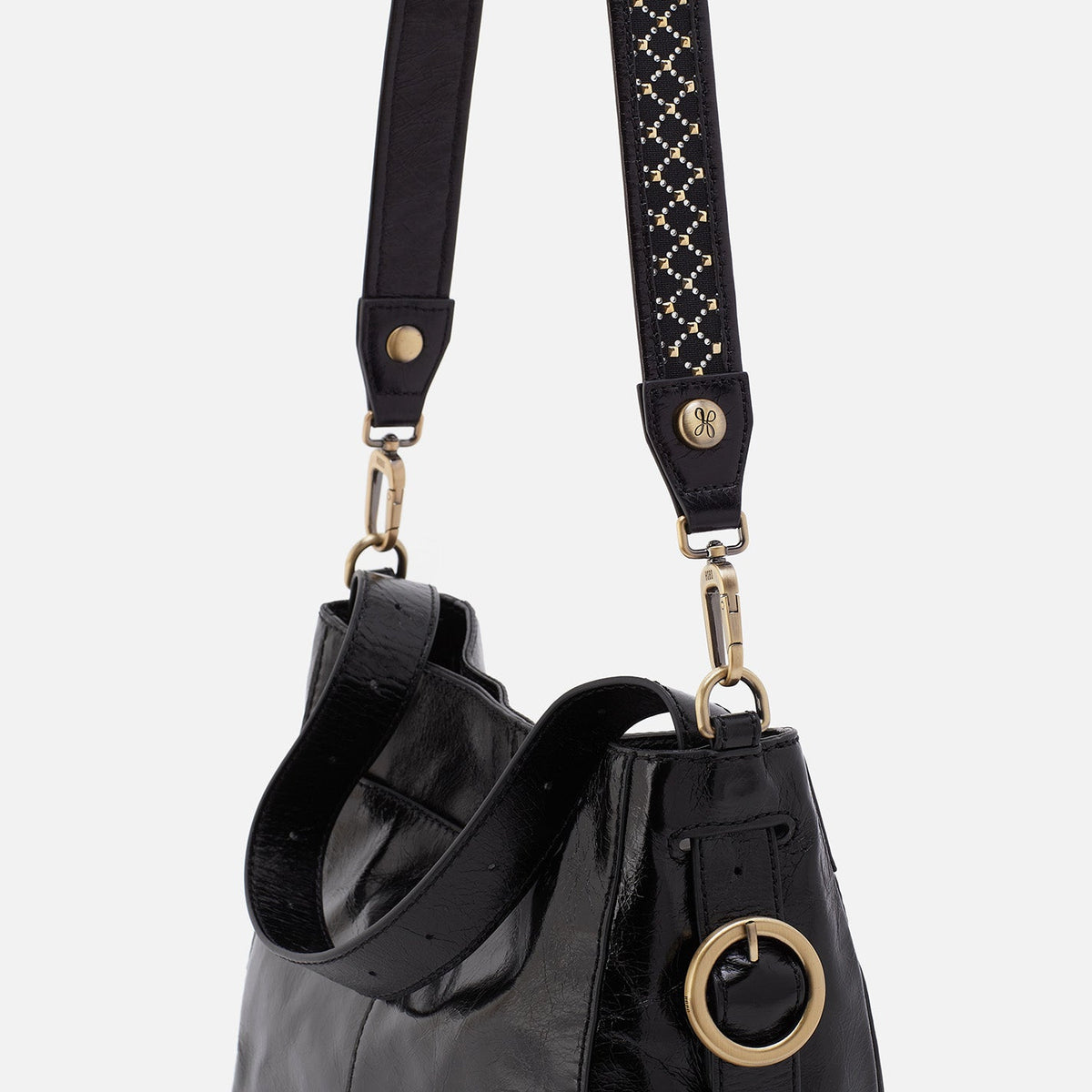 HOBO Lattice Stud Strap In Polished Leather - Black