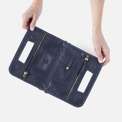 HOBO Ace Clutch In Polished Leather - Blue Stone