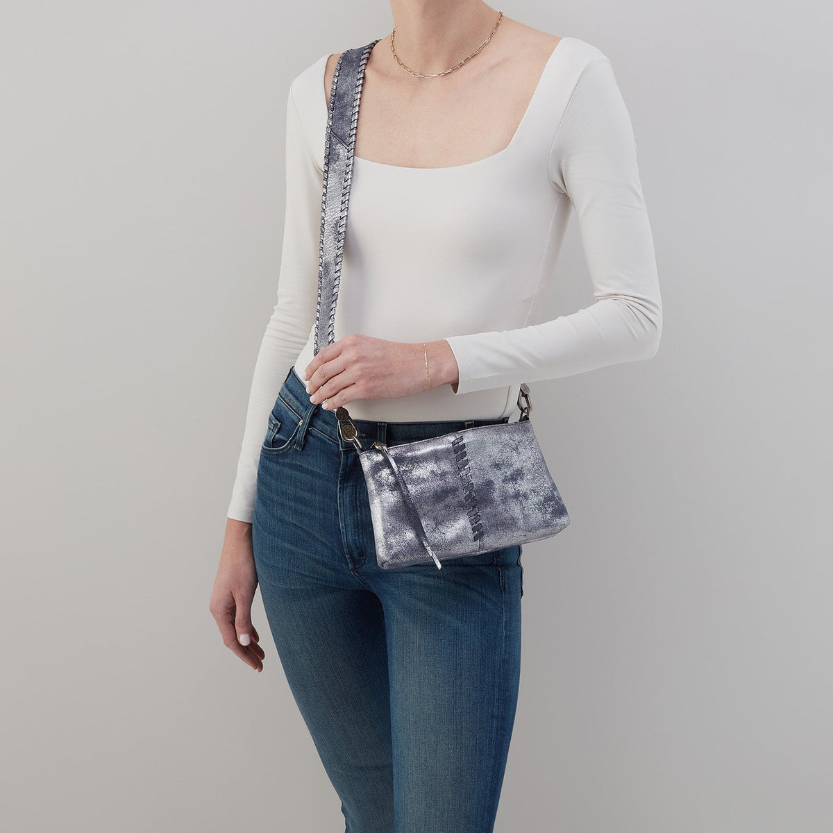 HOBO Darcy Crossbody In Metallic Leather - Blue Pewter