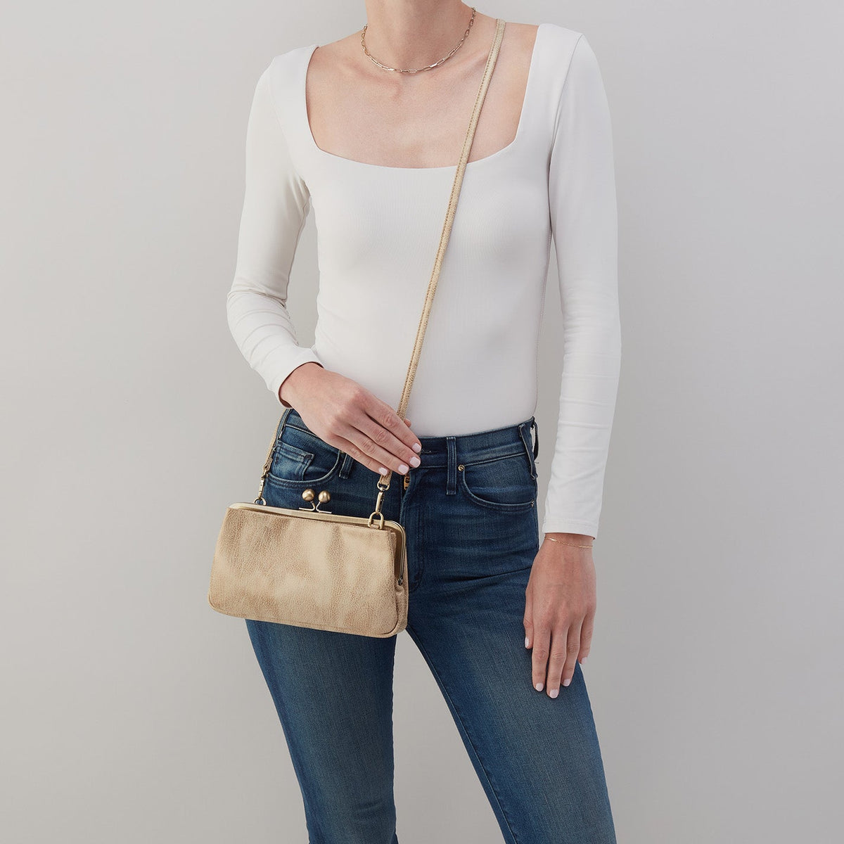 HOBO Lauren Frame Crossbody In Metallic Leather - Gold Leaf