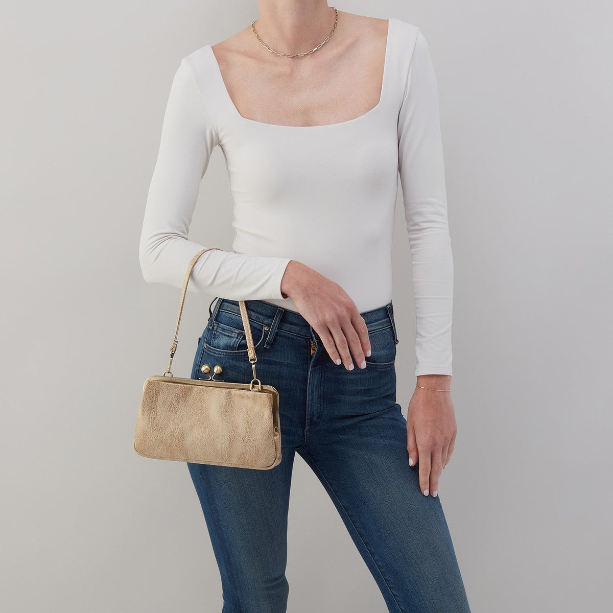 HOBO Lauren Frame Crossbody In Metallic Leather - Gold Leaf