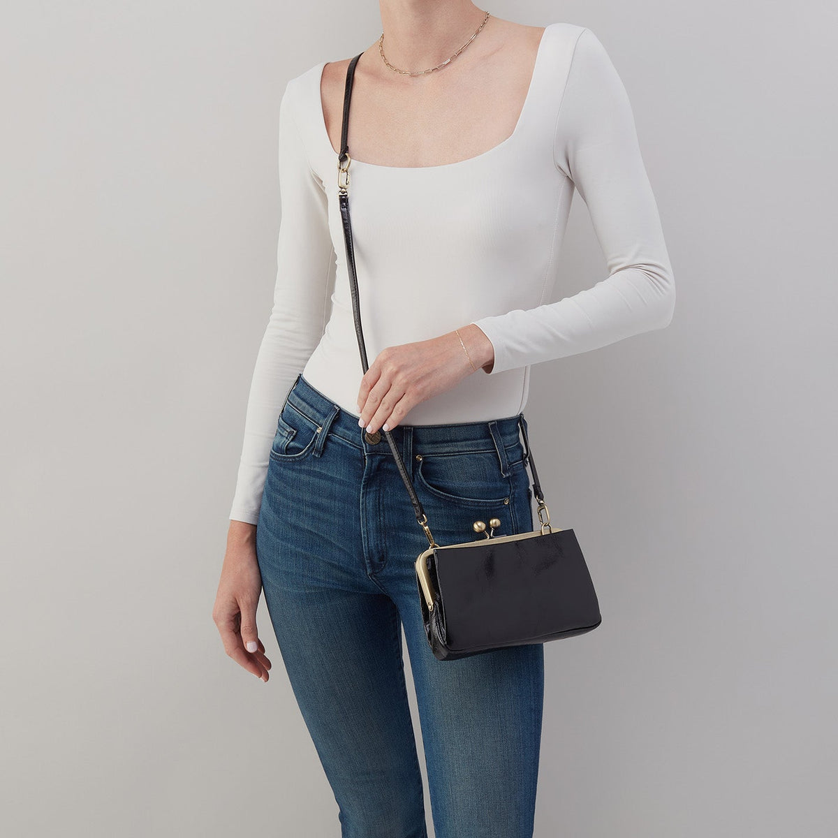 HOBO Lauren Frame Crossbody In Polished Leather - Black