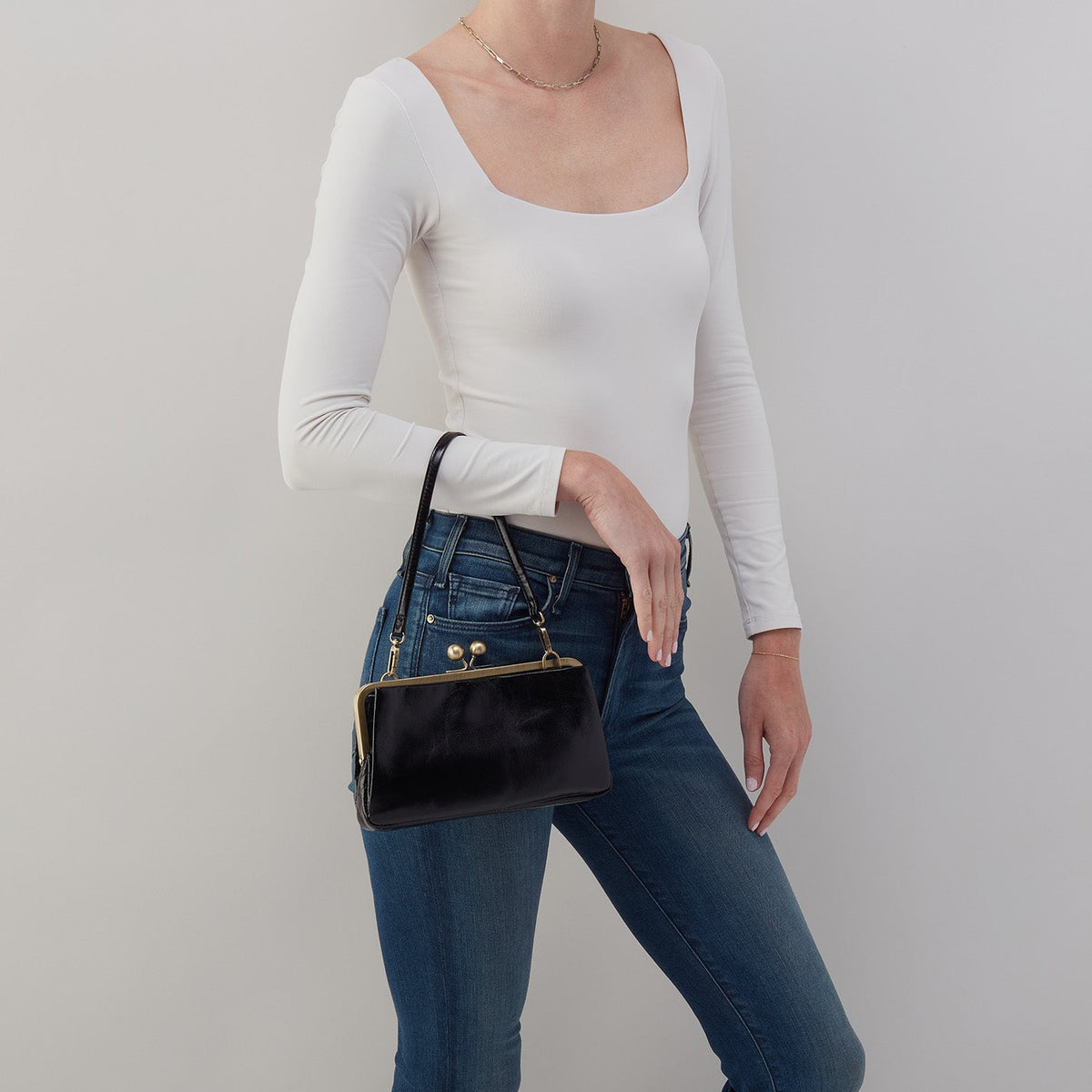 HOBO Lauren Frame Crossbody In Polished Leather - Black