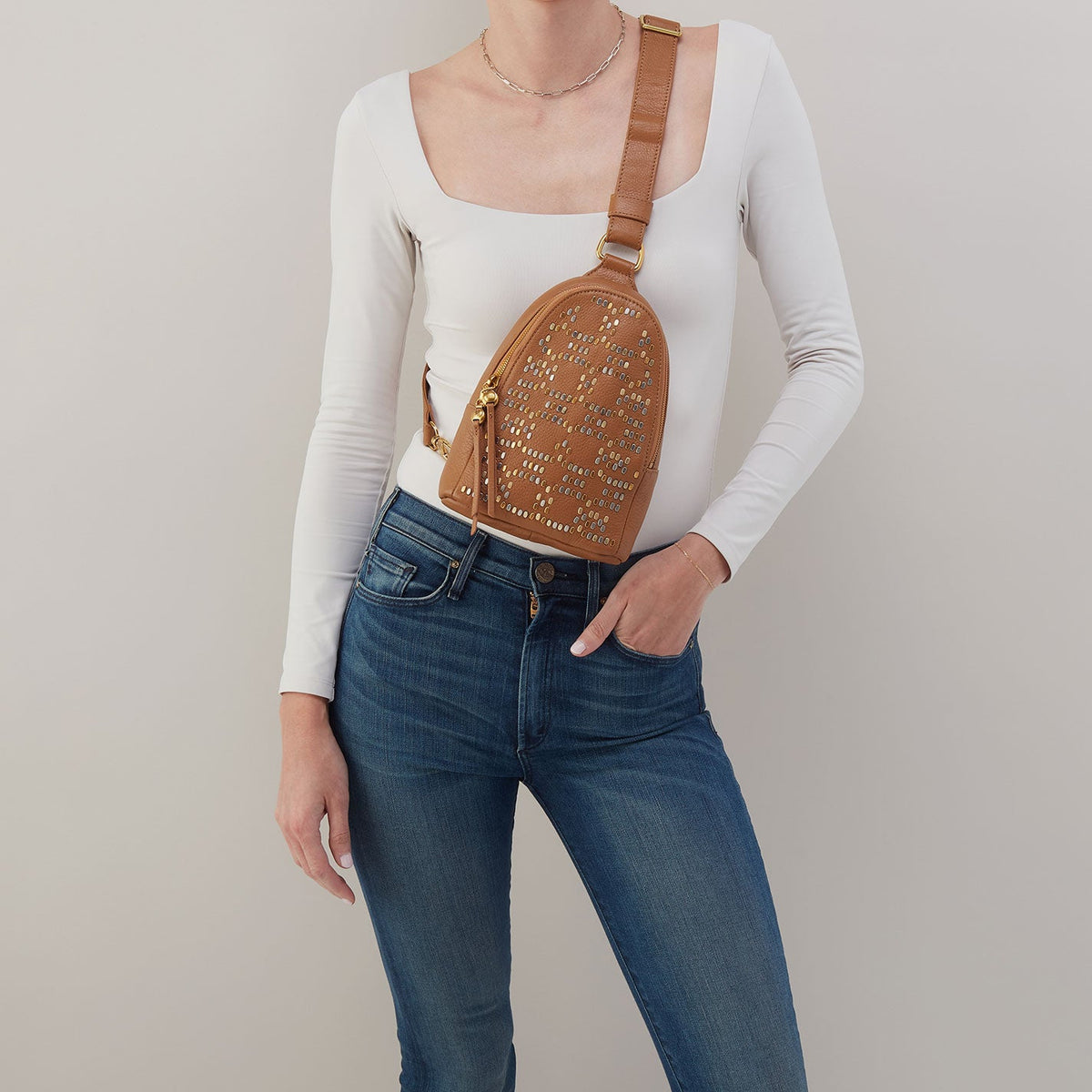 HOBO Fern Sling In Pebbled Leather - Warm Honey Pixel Studded