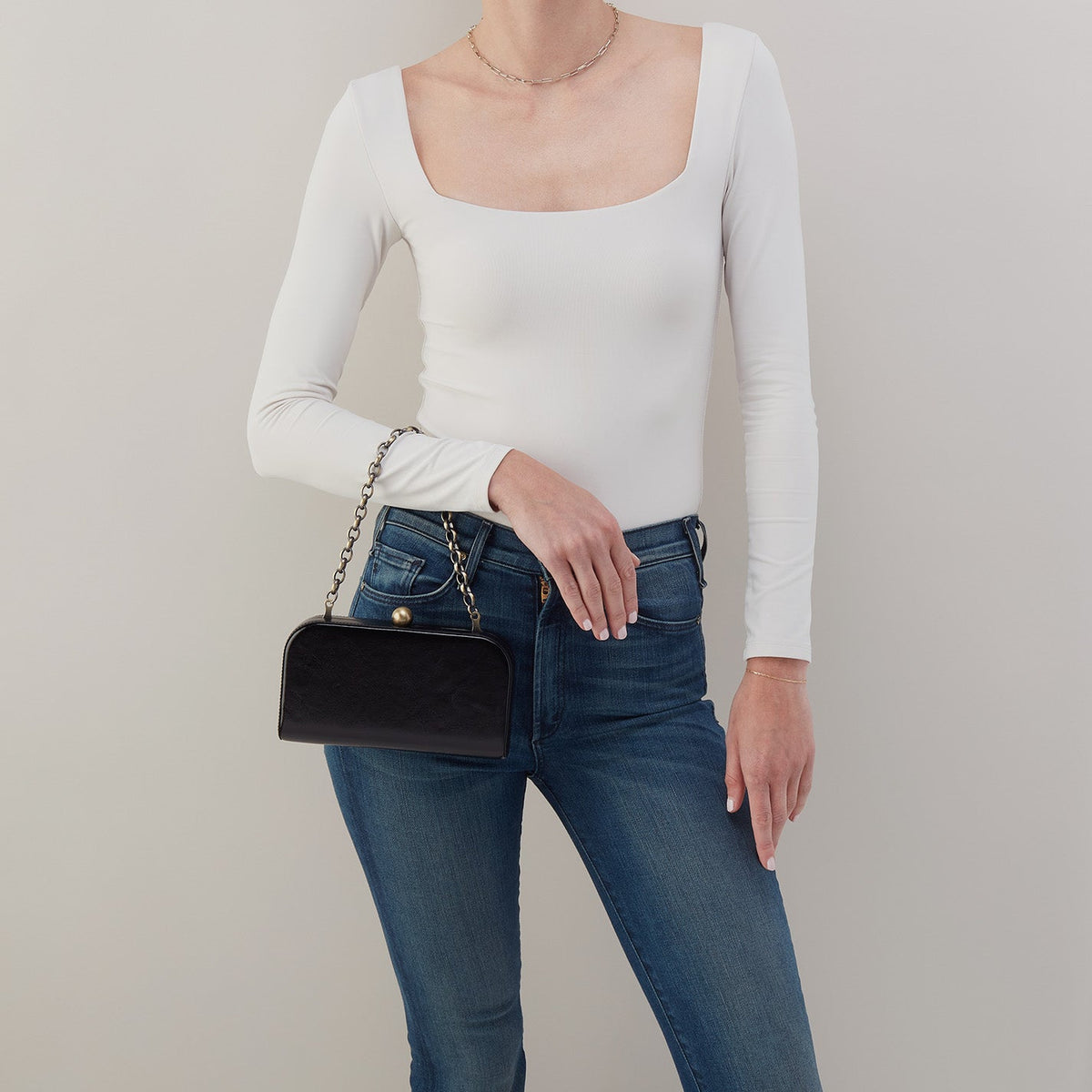 HOBO Lauren Minaudiere In Polished Leather - Black