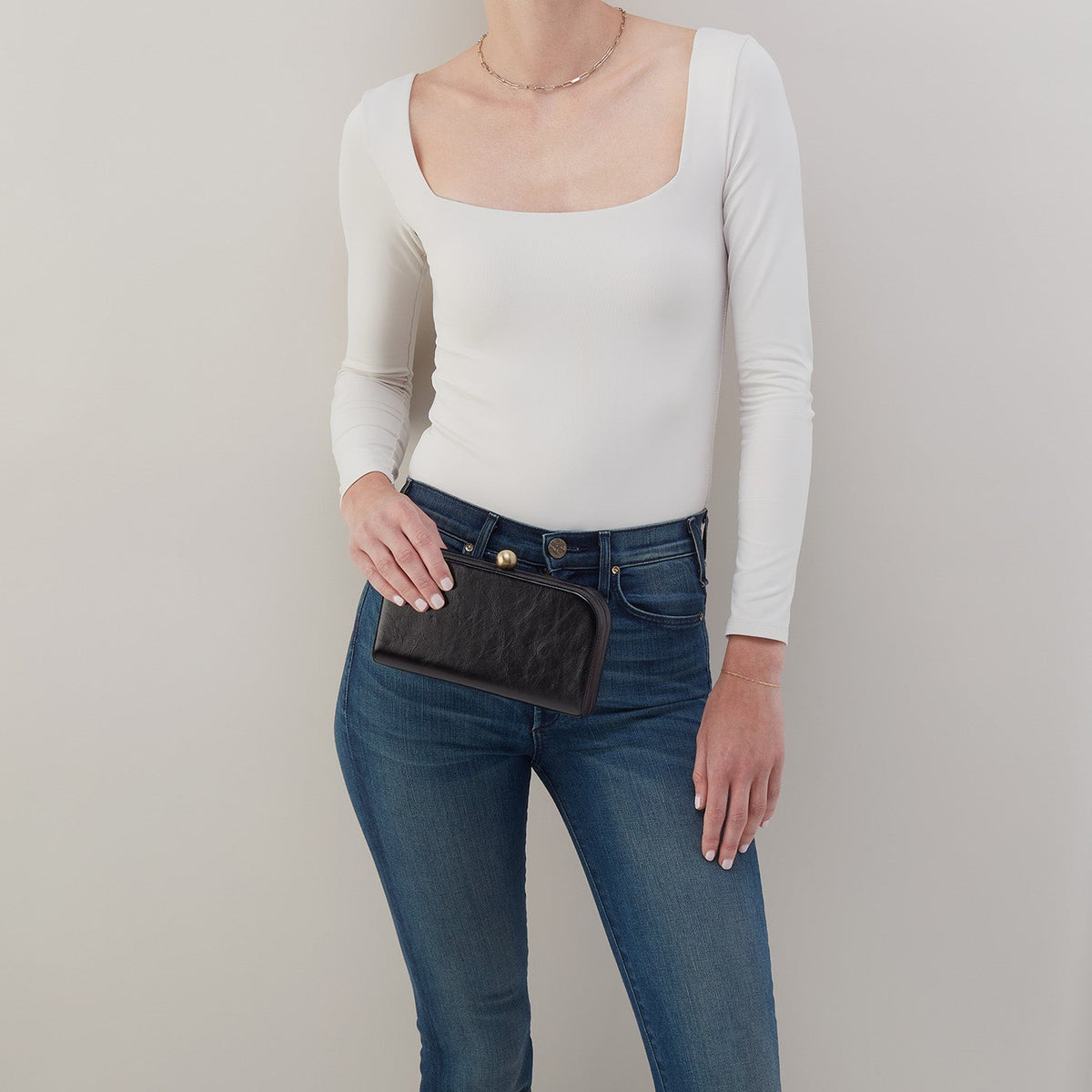 HOBO Lauren Minaudiere In Polished Leather - Black
