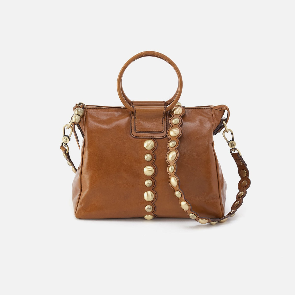 HOBO Sheila Medium Satchel In Polished Leather - Truffle With Studs
