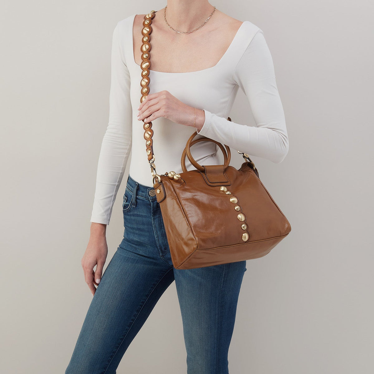 HOBO Sheila Medium Satchel In Polished Leather - Truffle With Studs