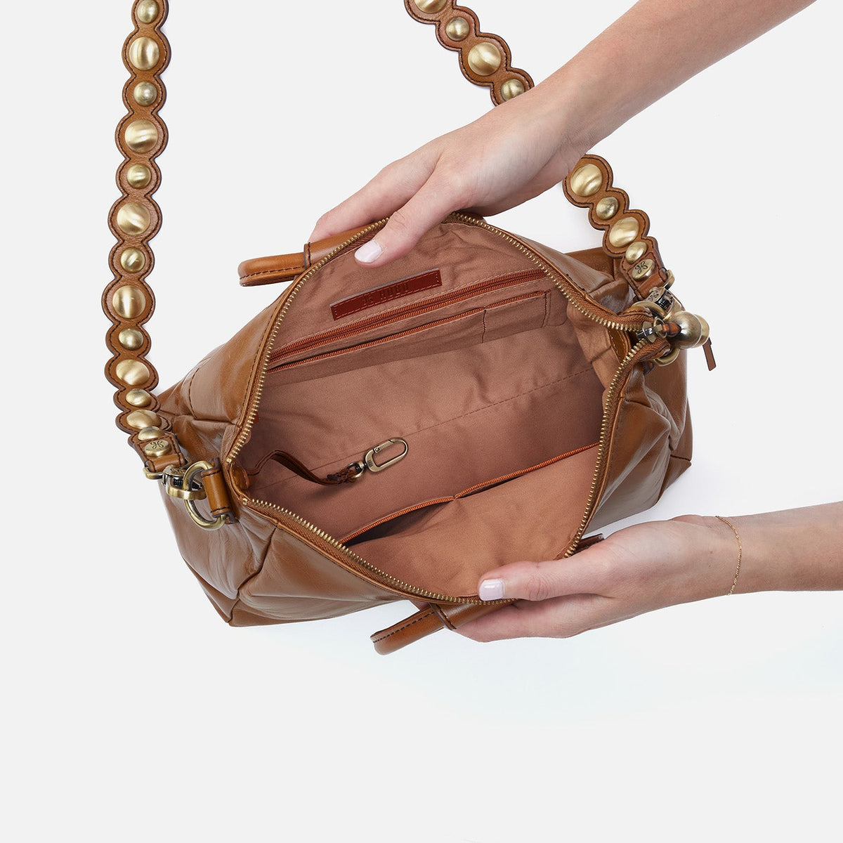 HOBO Sheila Medium Satchel In Polished Leather - Truffle With Studs