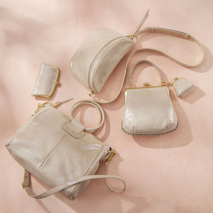 HOBO Cheer Frame Pouch In Metallic Leather - Sand Shimmer