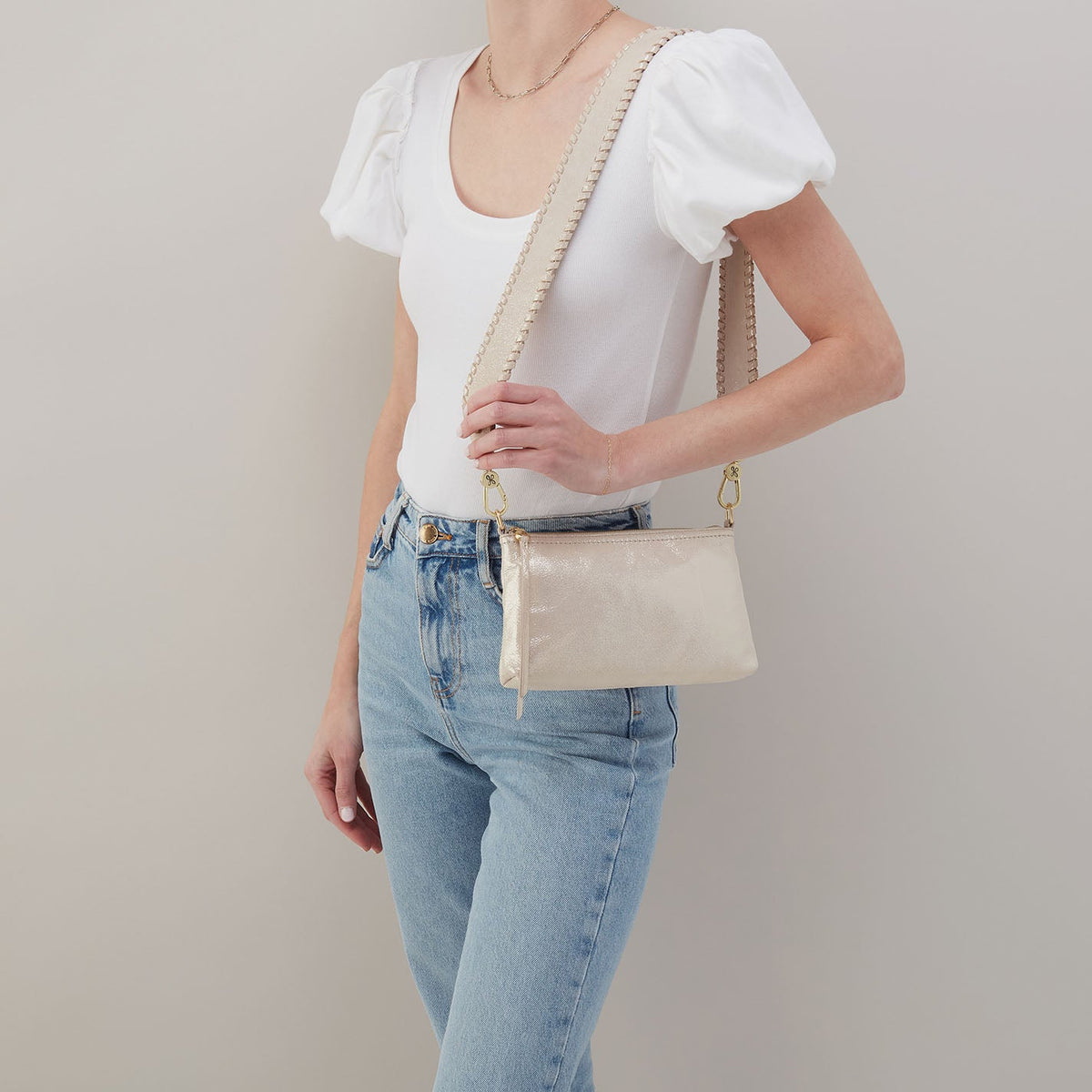 HOBO Darcy Crossbody In Metallic Leather - Sand Shimmer