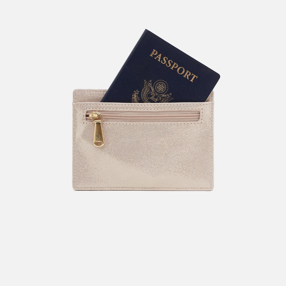 HOBO Euro Slide Card Case In Metallic Leather - Sand Shimmer