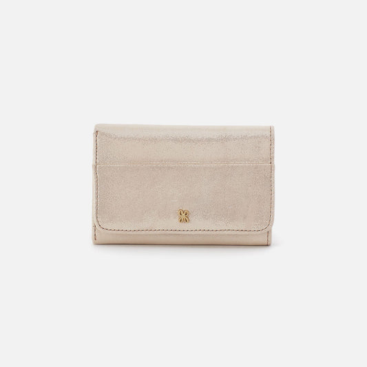 HOBO Jill Trifold Wallet In Metallic Leather - Sand Shimmer