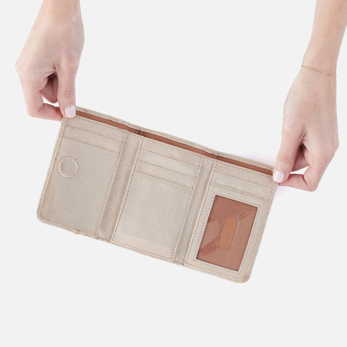 HOBO Jill Trifold Wallet In Metallic Leather - Sand Shimmer