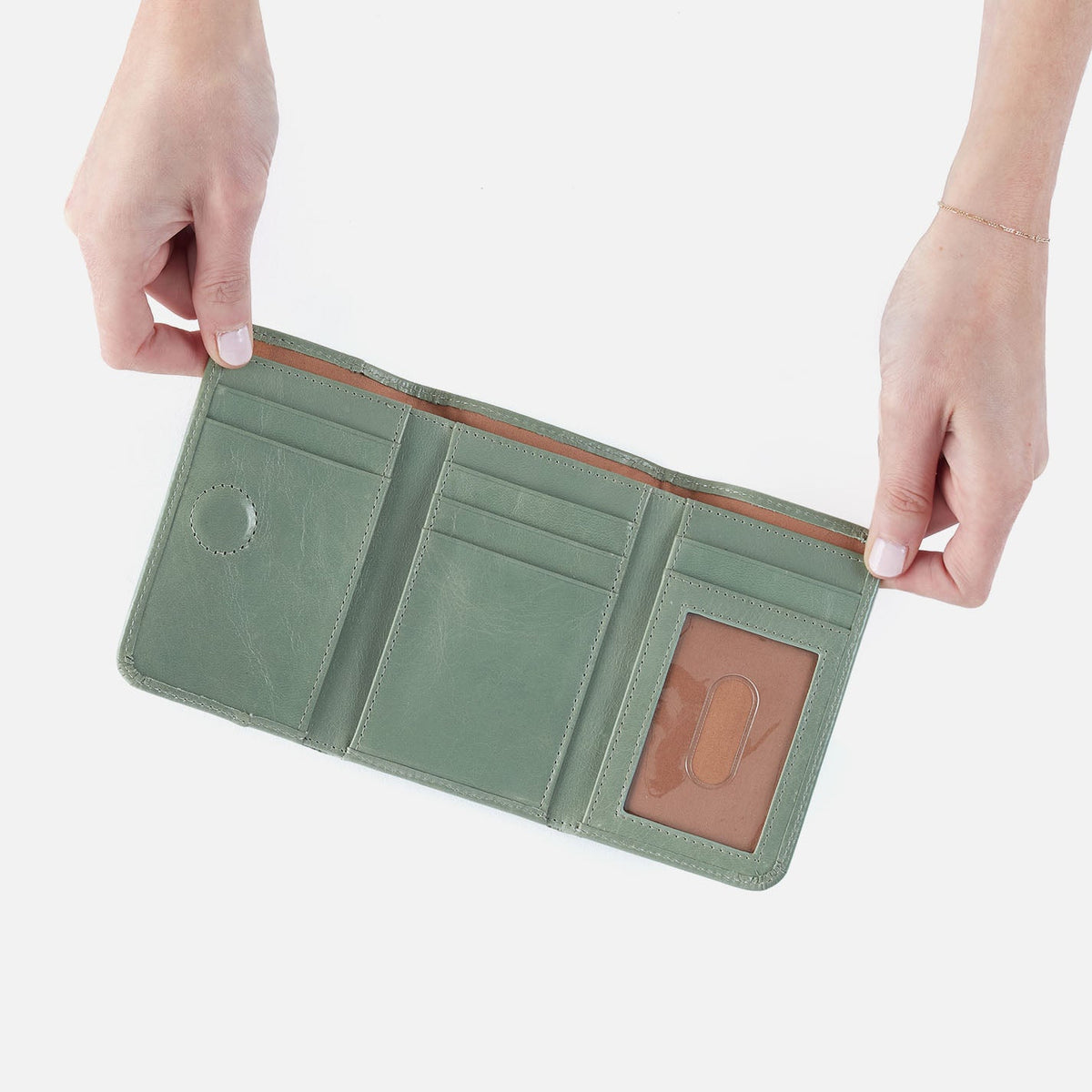 HOBO Jill Trifold Wallet In Polished Leather - Jade