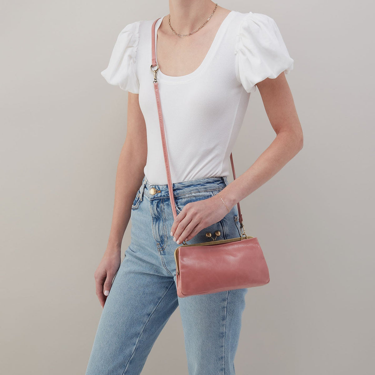 HOBO Lauren Frame Crossbody In Polished Leather - Rose