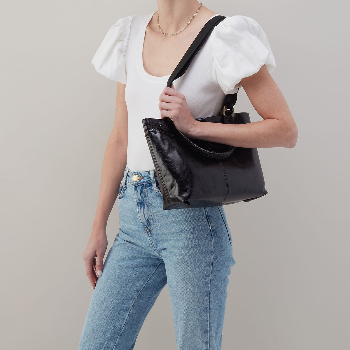HOBO Romy Medium Tote In Polished Leather - Black