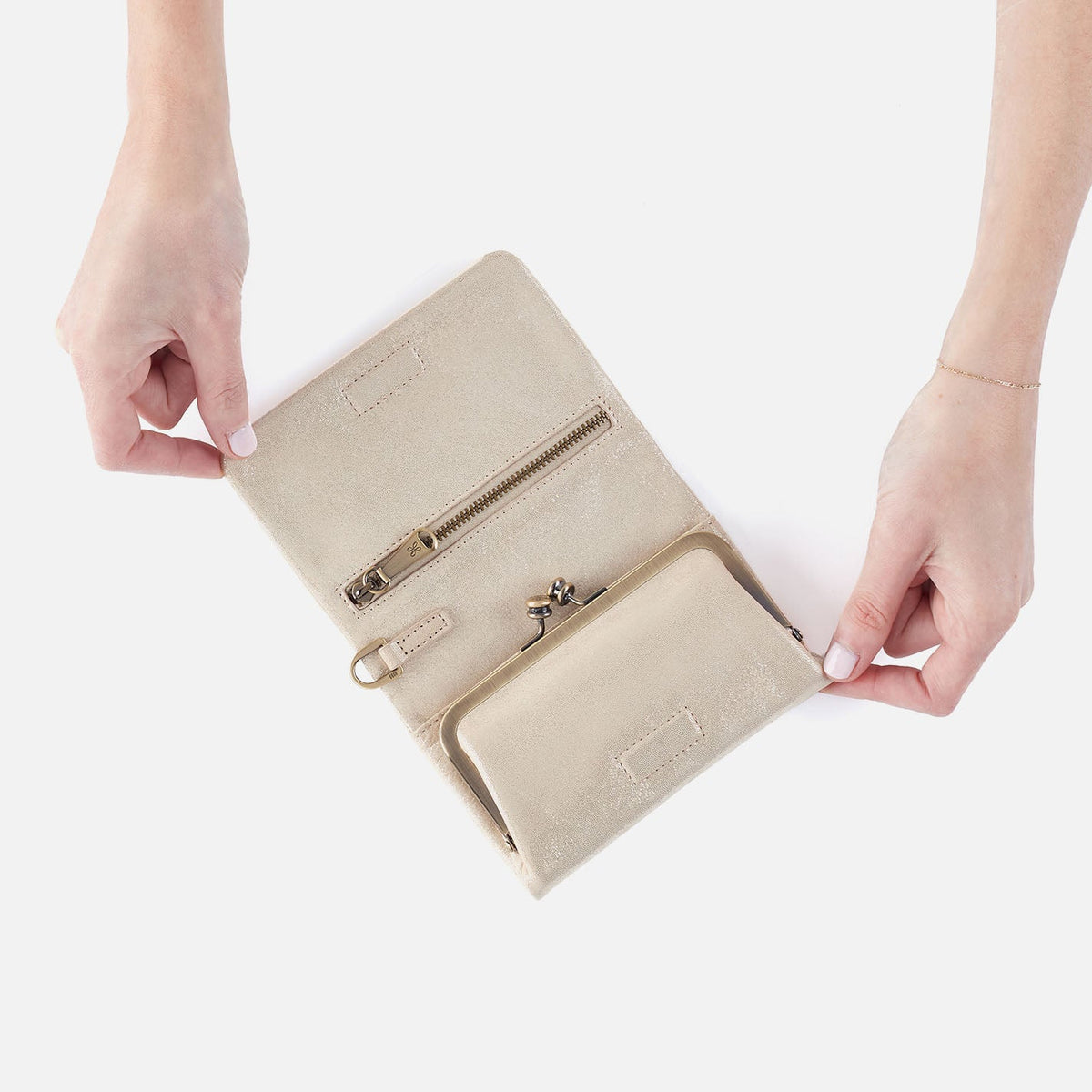 HOBO Ross Bead Wristlet In Metallic Leather - Sand Shimmer
