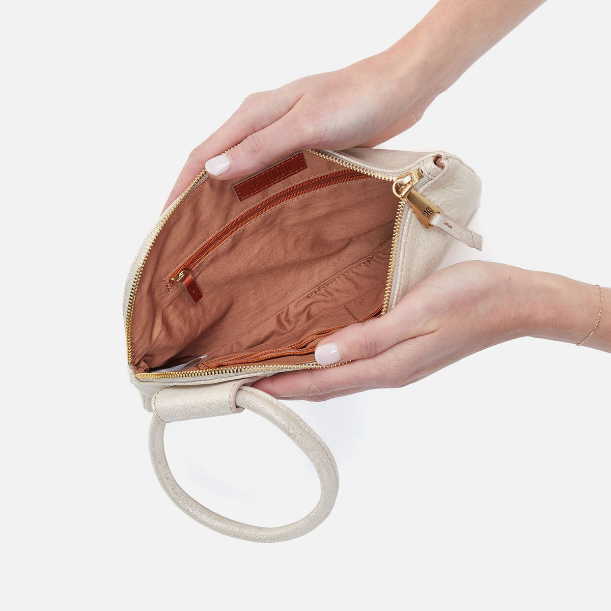 HOBO Sable Wristlet In Metallic Leather - Sand Shimmer