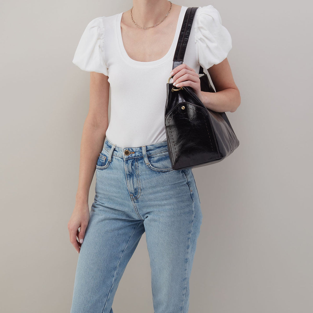 HOBO Seneca Shoulder Bag In Polished Leather - Black