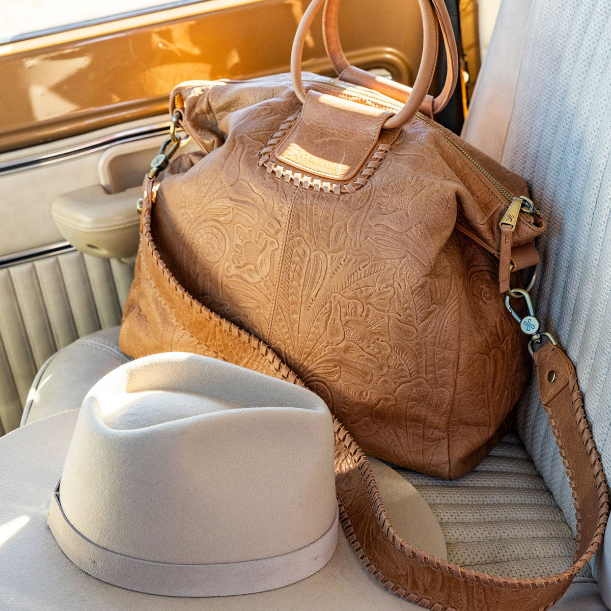 HOBO Sheila Large Satchel In Tooled Embossed Leather - Saddle Tooled Emboss