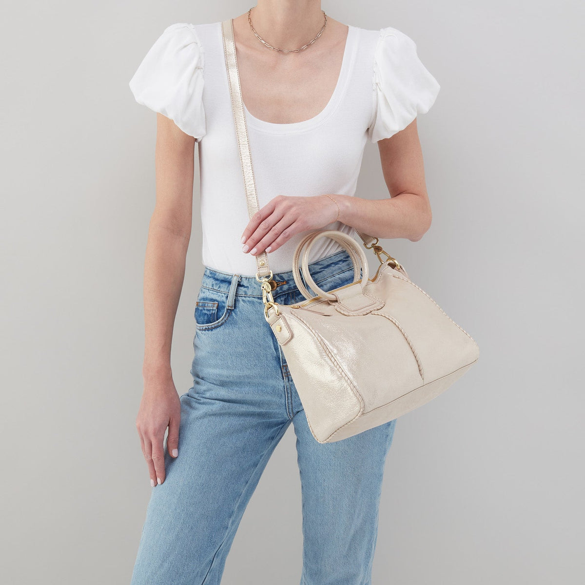 HOBO Sheila Medium Satchel In Metallic Leather - Sand Shimmer
