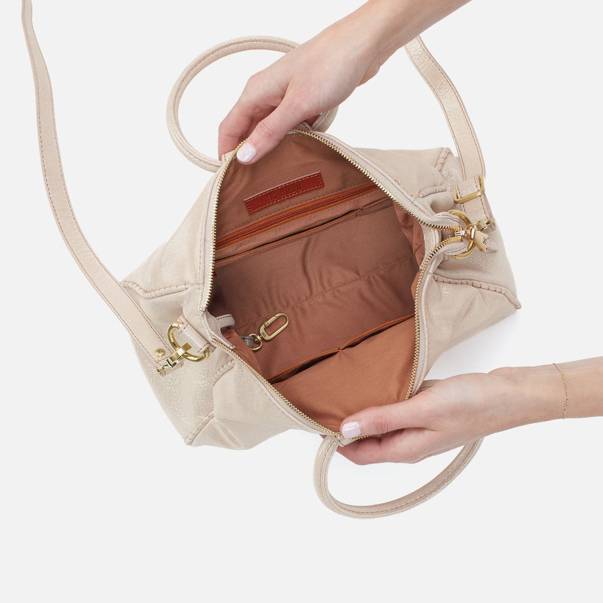 HOBO Sheila Medium Satchel In Metallic Leather - Sand Shimmer