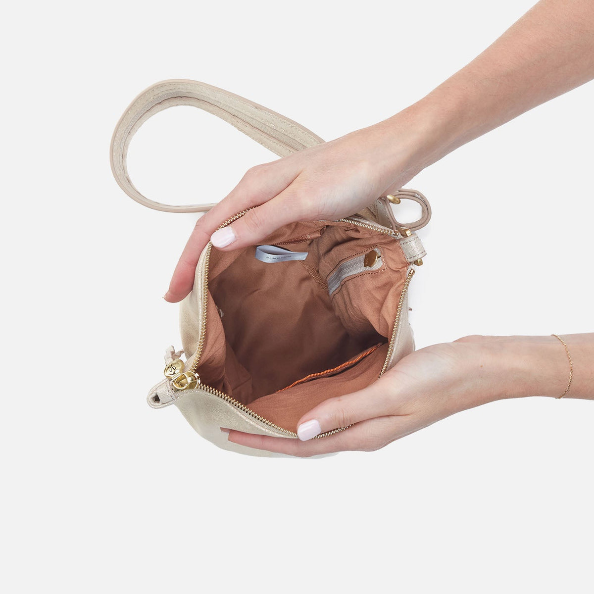 HOBO Sway Small Sling In Metallic Leather - Sand Shimmer